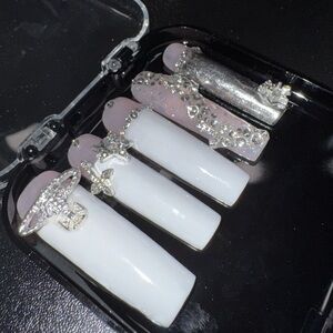 White and Silver Press-On Nails with Rhinestones